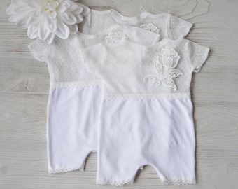 Newborn Lace Romper, White Neutral Photography Outfit, Floral Appliqué Baby Prop