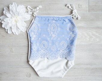 Blue Striped Lace Newborn Romper, Photo Prop