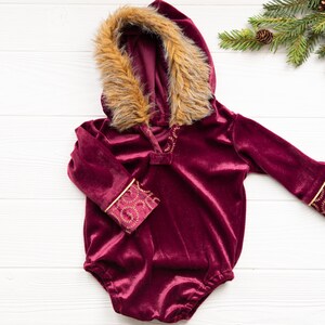 Burgundy Fur Hoodie Romper, Sitter Romper, Holiday Outfit