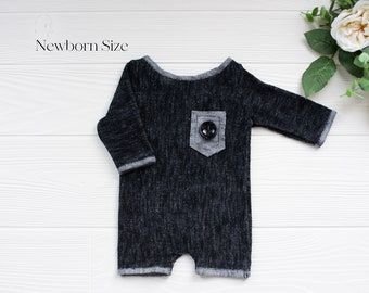 Black Newborn Romper, Neutral Baby Photography Outfit, Modern Studio Photo Prop, Pocket Detail