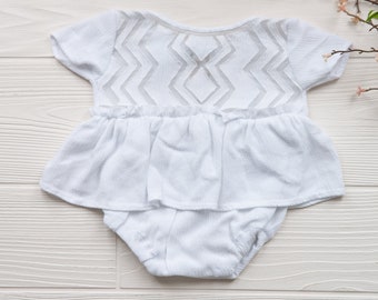 White Newborn Romper Dress, Neutral Baby Photography Outfit, Studio Newborn Prop