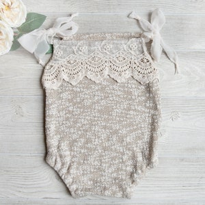 Beige Sitter Romper, Beige Newborn Romper, Lace Romper