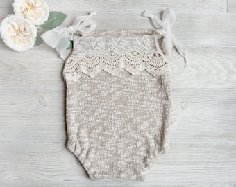 Beige Lace Newborn Romper, Handmade Sitter Outfit