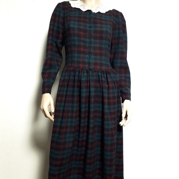 vintage LAURA ASHLEY - Robe tartan à carreaux longue en laine et coton bordeaux vert romantique Cottagecore britannique du film Spencer