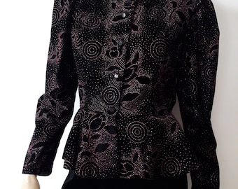 Vintage GUNNE SAX Jessica McClintock Jacket Blazer Black and Purple Velour Velvet Woman’s Rhinestone Peplum