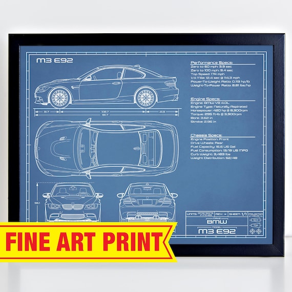BMW E46 M3 Poster Car Vintage Blueprint Art