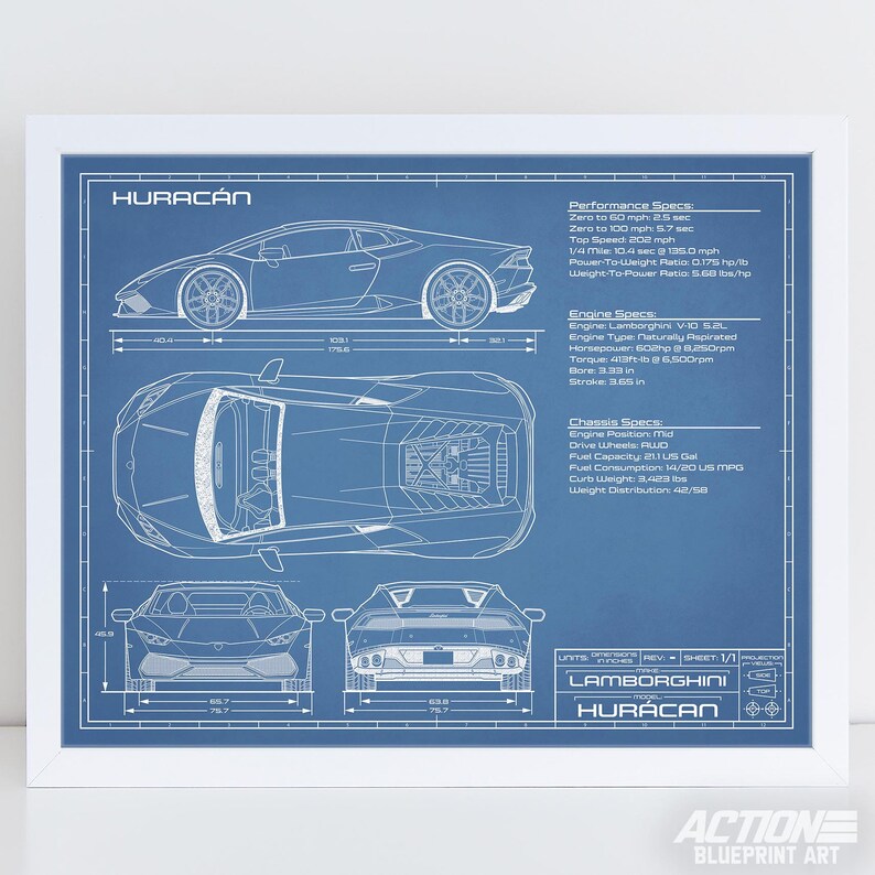 Lamborghini Huracan LP 610-4 Blueprint Art 2014-2019 | Etsy