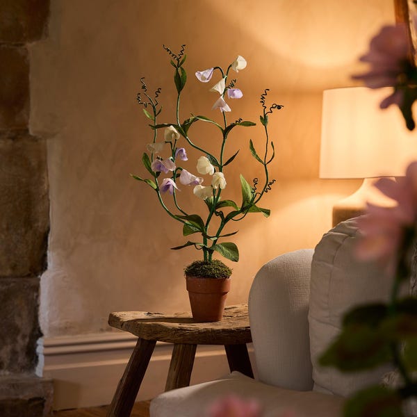 Crepe Paper Sweet Pea Plant Sculpture: Terracotta Pot, Garden Decor