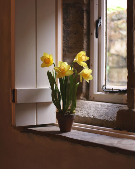 Crepe Paper Daffodils in Terracotta Pot, First Anniversary Gift