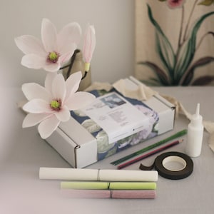 May include: A craft kit for making paper flowers, featuring two delicate pink magnolia blossoms, a box with instructions, floral wire, tape, and glue.
