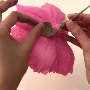 May include: A hand is holding a pink paper flower and attaching a green paper leaf to the base of the flower.