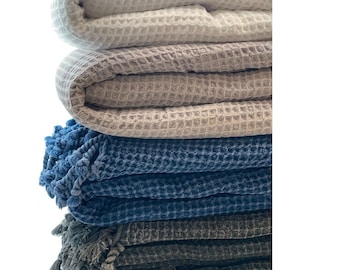 Turkish Cotton Throw Blanket: Handwoven Black Herringbone, Queen/King Bed Spread