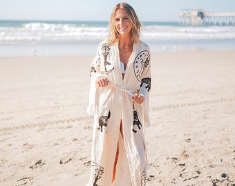 Handmade Boho Festival Kimono, Muslin Cotton Beachwear, Turkish Cotton Muslin Bathrobe, Spa Robe, Morning Robe, Beach Coverup, Dressing Gown