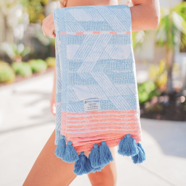 Personalized Turkish Towel, Unique Design With Pom Poms, Beach Towel, Bath Towel, Co Worker Gift, Premium Quality Beach Towel, Gift For Her