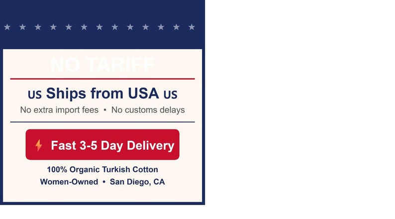 May include: A graphic with text on a white background, framed by a blue border with white stars. The text reads "us Ships from USA us", "Fast 3-5 Day Delivery", and "100% Organic Turkish Cotton".