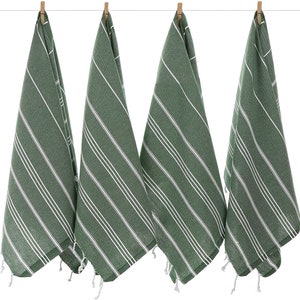 Dark Green Turkish Cotton Hand Towel: Striped Kitchen Dish Towel