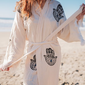 Handmade Boho Festival Kimono, Muslin Cotton Beachwear, Turkish Cotton Muslin Bathrobe,Spa Robe,Morning Robe,Beach Coverup,Hamsa Hand Kimono