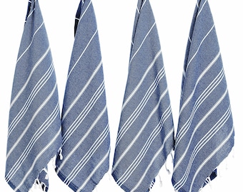 Navy Turkish Cotton Hand Towel: Striped Kitchen Dish Towel with Tassels