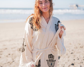 Handmade Boho Festival Kimono, Muslin Cotton Beachwear, Turkish Cotton Muslin Bathrobe,Spa Robe,Morning Robe,Beach Coverup,Hamsa Hand Kimono