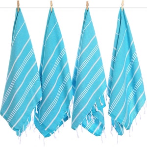 Turquoise Turkish Cotton Hand Towel: Striped Fringed Guest Towel