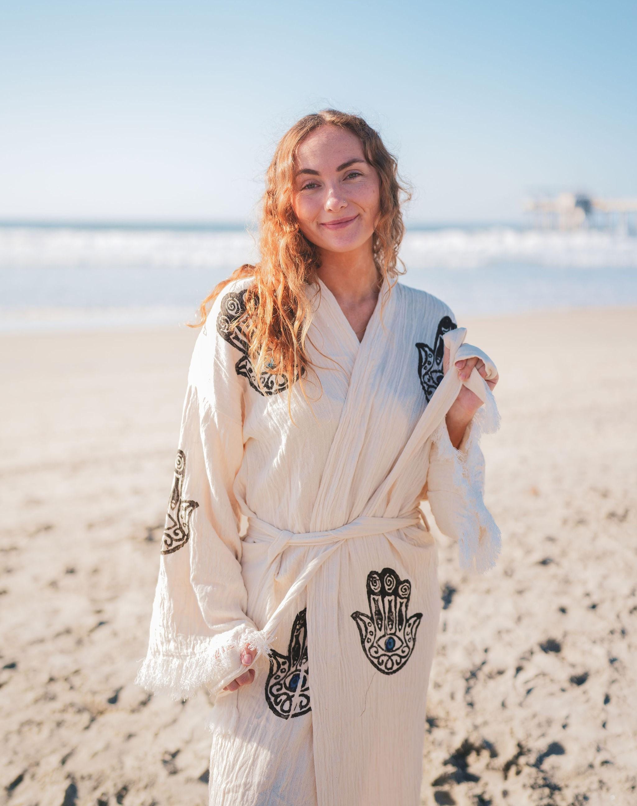 Handgefertigter Böser-Blick-Kimono Aus Bio-Baumwolle – Festival- & Strand-Cover-up, Bademantel, Boho-Look