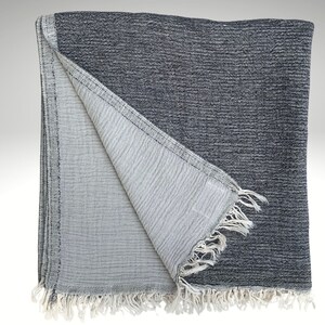 May include: A folded, reversible blanket with a textured, dark gray exterior and a light gray interior. The blanket has a fringed edge and is made of a soft, woven material. The blanket is folded to display both sides.