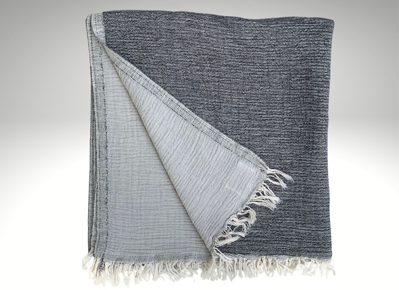 May include: A folded, reversible blanket with a textured, dark gray exterior and a light gray interior. The blanket has a fringed edge and is made of a soft, woven material. The blanket is folded to display both sides.