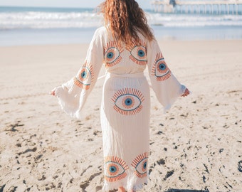 Kimono fait main pour festival bohème Evil Eye, vêtements de plage en mousseline de coton, peignoir, peignoir de bain, peignoir de bain, cardigan bohème, tenue de plage, robe de chambre