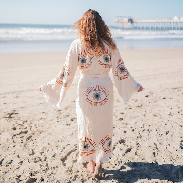 Handmade Evil Eye Boho Festival Kimono, Muslin Cotton Beachwear, Bathrobe, Spa Robe, Morning Robe, Boho Cardigan,Beach Coverup,Dressing Gown