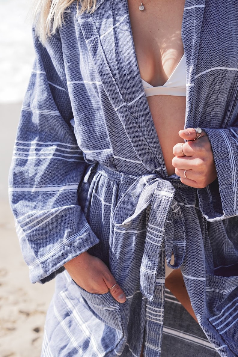 Navy Turkish towel cotton robe