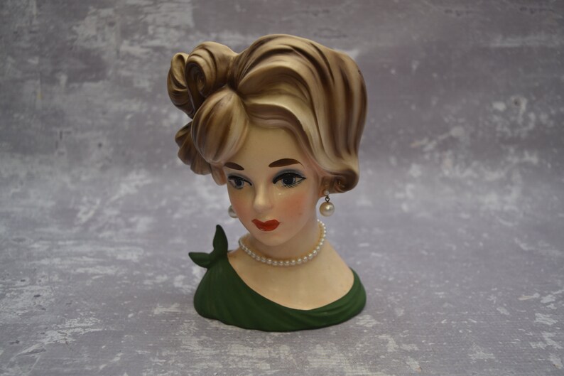 Napcoware Head Vase Green Dress Pearl Earrings Necklace Etsy