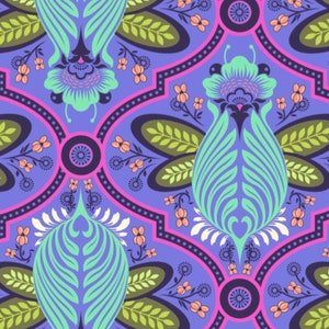 May include: A repeating pattern of stylized floral designs in shades of blue, green, pink, and white on a purple background. The pattern is reminiscent of a traditional Persian or Indian design. The text "Bees - Iris 24" x 42" is visible in the top left corner of the image.