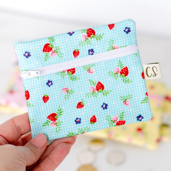 Strawberry Coin Purse - Small Change Pouch - Little Notions Purse - Pink - Yellow - Blue - Card Wallet - Mini Zipper Pouch