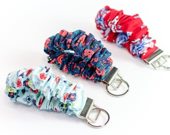 Floral Wristlet Key Chain - Scrunchie Key Fob - Wrist Strap for Keys - Handsfree Key Ring - Fabric Wrist Lanyard  - Washable - Ruffles