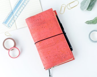 Cork Traveler's Notebook Cover - Coral TN Case - Vegan Leather Journal Sleeve - Minimalist Hobonichi Weeks - A5 - A4