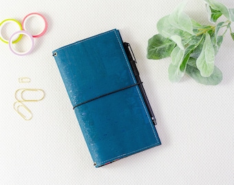 Traveler's Notebook Cover - Vegan Leather Journal Cover - Cork Hobonichi Weeks Case - Teal Minimalist TN Sleeve