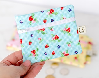 Strawberry Coin Purse - Small Change Pouch - Little Notions Purse - Pink - Yellow - Blue - Card Wallet - Mini Zipper Pouch