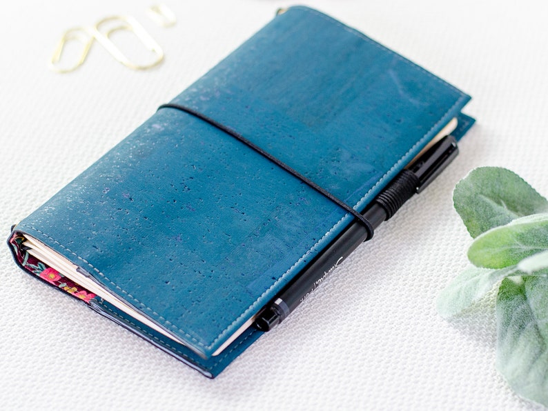 Traveler's Notebook Cover Vegan Leather Journal Cover Cork Hobonichi Weeks Case Teal Minimalist TN Sleeve image 6