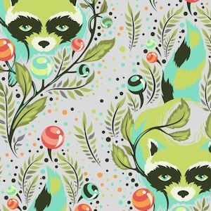 May include: A seamless pattern featuring a green raccoon with a blue and green tail, surrounded by green leaves and colorful round shapes on a light gray background.