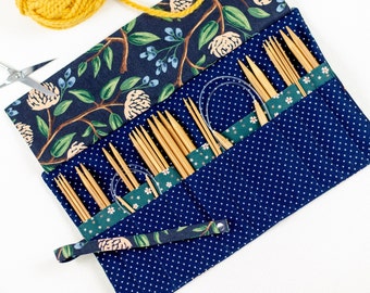 Floral Knitting Needle Storage - Crochet Hook Organizer - Navy Blue DPN Roll Up Pouch - Double Pointed Needle Case - Rifle Paper Co Peonies