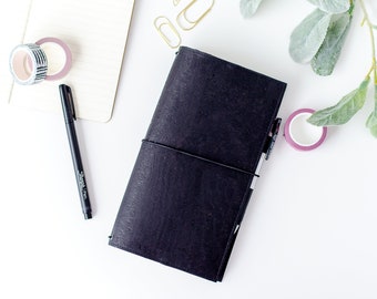 Black TN Cover - Simple Traveler's Notebook Case - Vegan Leather Journal Sleeve - Minimalist Planner Pocketbook - Hobonichi Weeks - Midori