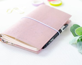 Pink Traveler's Notebook Cover - Cork Vegan Leather Journal Sleeve - Minimalist TN Case - Hobonichi Weeks Cover - A5 - A4