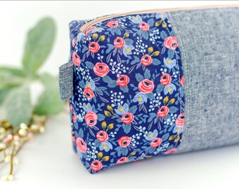 Blue Zipper Box Pouch -  Floral Cosmetic Bag - Fabric Pencil Pouch - Gift for Her