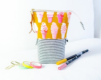 Standing Pen Pouch - Convertible Zipper Pouch - Tall Pencil Case - Tombow Marker Storage - Ice Cream Cone
