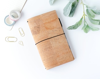 Cork Travelers Notebook Cover - Vegan Leather Journal Sleeve - Minimalist TN Case - Simple Hobonichi Pocket Book - Midori