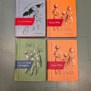 May include: Four vintage children's books with colorful covers. Titles include "The New Pre-Primers," "Guess Who," and "Friends and Neighbors." The books are in shades of blue, orange, and green, with illustrations of children and scenes.