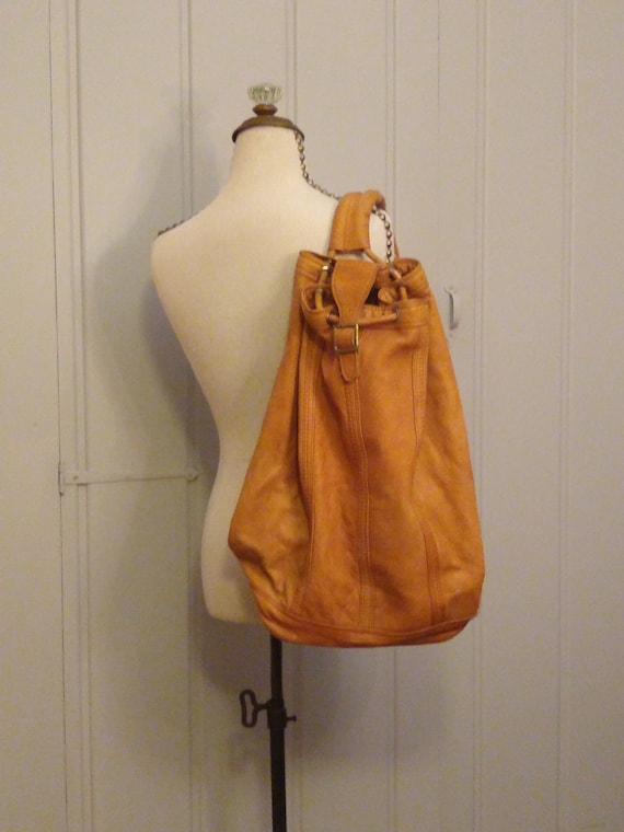 1970's blonde handmade leather backpack / Vintage