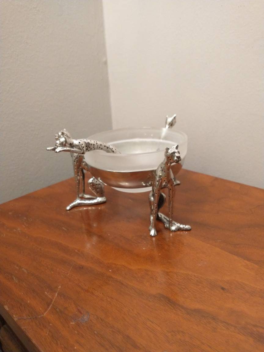 1980 art deco pewter cheetah serving dish and spoon by artist Diana Carmichael Vintage cheetah serving bowl marked DC