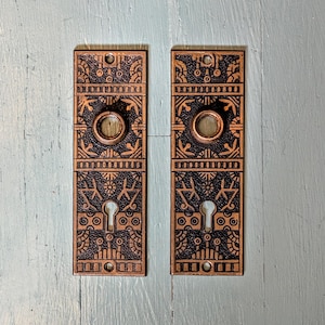 May include: Two antique bronze door plates with intricate floral and geometric patterns. Each plate features a keyhole, a circular knob, and decorative detailing. The plates are rectangular and have a vintage aesthetic.
