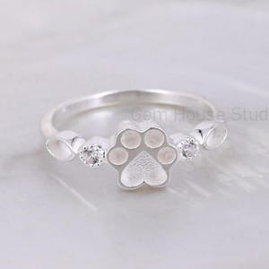 925 Sterling Silver Ring, 8mm Dog Paw & Marquise Blank Bezel with CZ Setted Ring, Resin Ashes Work, Keepsake/Breastmilk DIY Memorial Jewelry